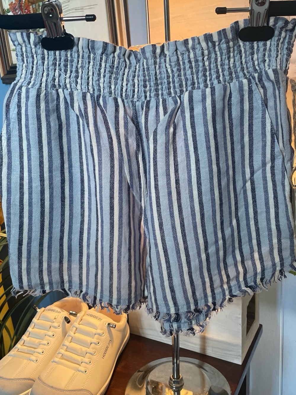True Craft Blue and White High-Waist Smocked Stripe Shorts